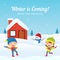 Happy kids enjoy play snowball fight with cute snowman at front of snowy house in winter season background vector illustration.