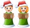 Happy kids in green santa costume singing christmas carols