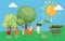 Happy kids jumping and rejoicing horses, cute nature outdoors, attractive playground, design, cartoon style vector