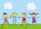 Happy kids on meadow, funny vector illustration