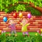 Happy kids muslim cartoon holding balloon under trees