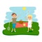 Happy kids picnic resting. Boy and girl outdoors on summer picnic. Vector Illustration.