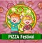 Happy kids pizza festival concept background, cartoon style
