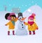 Happy kids playing with snowman. Funny little girs on a walk in the winter outdoors. Children building snow man playing