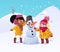 Happy kids playing with snowman. Funny little girs on a walk in the winter outdoors. Children building snow man playing