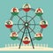 Happy kids ride on Ferris wheel flat color vector