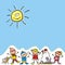 Happy kids and snowman, winter postcard, eps