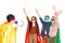 Happy kids in superhero costumes raising hands while boy shouting in mouthpiece Isolated On White.