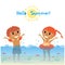 Happy kids swim at the beach. Boy and Girl swimming in the swimming sea,cartoon design