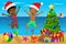 Happy Kids swimsuit jumping tropical beach christmas
