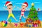 Happy Kids swimsuit xmas hat playing jumping tropical beach christmas
