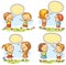 Happy kids talking and showing different emotions, set of four scenes with speech bubbles