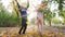 Happy kids throw yellow leaves into air at park, playing in backlight on background of trees