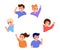 Happy kids waving hands hello, stand in border circle copy space. Smiling children greeting, welcome or goodbye gesture