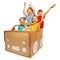 Happy kids waving hands sitting in cardboard car