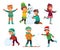 Happy kids winter activities. Children playing with snow. Cartoon kid characters in winters hats vector collection