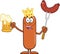 Happy King Sausage Cartoon Character Holding A Beer And Weenie On A Fork