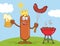 Happy King Sausage Cartoon Character Holding A Beer And Weenie Next To BBQ