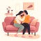 Happy kiss and hug on mothers day in living room sofa love and relaxing together - Flat Design