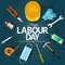 Happy Labor Day On 1 May. tools top view. coronavirus, covid-19 concept. vector illustration