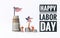 Happy Labor day banner and Miniature worker on stack of coin with USA flage and star isolate on white background