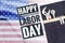 Happy Labor day banner with tool bag on USA flag background