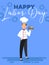 Happy Labor Day greeting card design with chef holding a food dome in his hand below text on blue with gear wheels in a