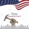 Happy Labor Day holiday banner with a construction tool in hand. Template with United States national flag and original