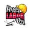 Happy Labor Day lettering. Cartoon design with construction tools and protective helmet.