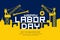 Happy Labor day message construction vector yellow and navy blue background