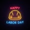 Happy Labor day. Neon helmet construction icon.