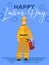 Happy Labor Day poster or greeting card design with a Fireman standing with extinguisher under text over a blue