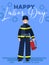 Happy Labor Day poster or greeting card design with a Fireman standing with extinguisher under text over a blue