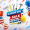 Happy Labor Day Sale 50% off poster.USA labor day celebration with American balloons flag.Sale promotion advertising Brochures,