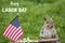 Happy Labor Day text with smiling patriotic Gray Squirrel and American Flag green grass