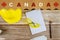 Happy labor day in yellow helmet, national patriotic with Canada on wooden boards