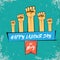 Happy labour day vector label with strong orange fist isolated on grunge turquoise background. vector happy labor day