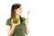 Happy lady enjoy eating vegetable salad over white copy space background