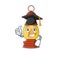 Happy lantern Scroll wearing a black Graduation hat