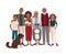 Happy large black family portrait. Father, mother, grandmother, grandfather, sons, daughters and dog together. Vector