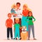 Happy large family. Mom, Dad, children and pet. Vector illustration
