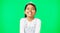 Happy, laugh and face of child in green screen studio for funny, youth and cute. Happiness, positive and smile with