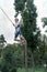 Happy laughing boy hangs on slings, jumps high on trampoline in an amusement park. Teenager is having fun