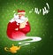 Happy laughing cartoon genie Santa Claus coming out of a magic o