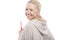 Happy Laughing Caucasian blond Girl Holding Manual toothbrush