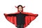 Happy laughing little Asian child girl dressed Halloween costume. Kid in Dracula robe  on white background