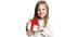 Happy laughing little girl, preschooler holding birthday present, gift box with red bow. excited and surprised. a forced,