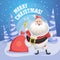 Happy laughing Santa Claus in forest with gift sack and ring bell