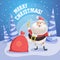 Happy laughing Santa Claus in forest with gift sack and ring bell. Merry Christmas poster.