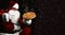 Happy laughing Santa Claus hold big hot steaming original pizza offering pointing finger. New year and Xmas fast food